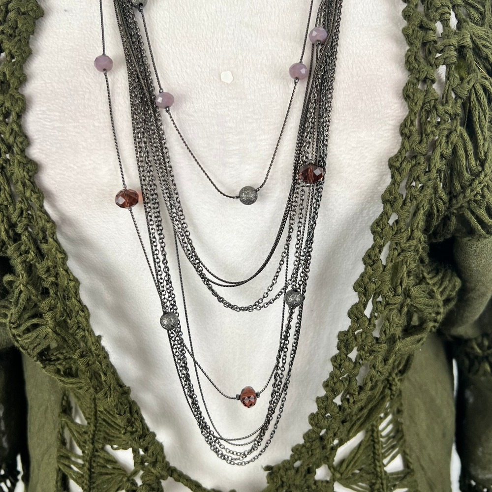 ☘️5/$25 Whimsigoth Layered Chain Necklace Purple Beaded Goth Gunmetal Statement